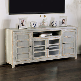 Farmhouse Weathered Gray 70" TV Stand - Tedra. Charming farmhouse-inspired media console that's made from solid wood. Features open shelf and barn-door style cabinets.
