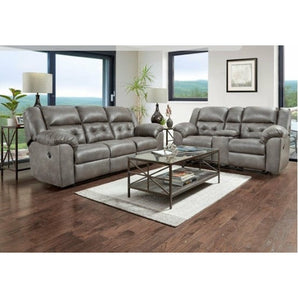 Telluride Gray Sofa and Loveseat. Button tufted leather set.