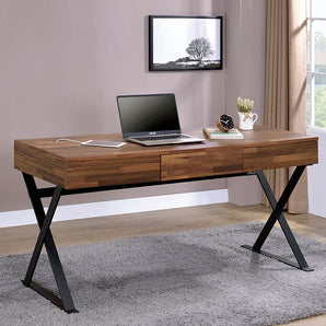 Tensed Industrial Desk with Storage Drawers. X-cross leg supports finished in a textured sand black support a lovely wooden paneled tabletop. Three slim desk drawers offer plentiful room for your supplies and an integrated USB and power outlet keeps your necessary devices powered up.