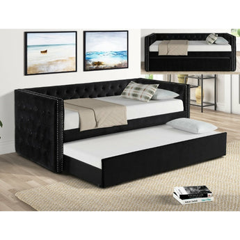 Trina Black Daybed. It features button tuft detailing and nailhead accents. Beautiful black linen fabric. With pull-out trundle