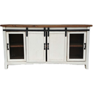Farmhouse 71" TV Stand with Sliding Doors in White. Crafted from 100% solid wood.