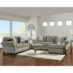 Transform your living area in style with this exquisite Marcey Nickel sofa and loveseat set. The set includes one sofa, one floating ottoman, and one loveseat.