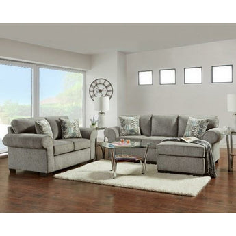 Transform your living area in style with this exquisite Marcey Nickel sofa and loveseat set. The set includes one sofa, one floating ottoman, and one loveseat.