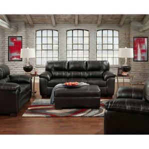 Austin Black Sofa Collection.  It features beautiful pillow arms, box seat cushion, attach back and dark wooden legs. Made with 100% polypropylene. Made in America.