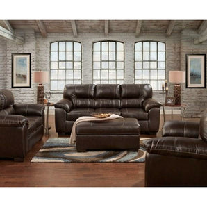 Austin Chocolate Sofa Collection features beautiful pillow arms, box seat cushion, attach back and dark wooden legs. Made with 100% polypropylene. Made in America.