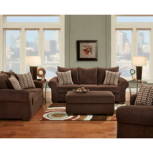 Chevron Mink  Sofa Collection comes in a beautiful chocolate fabric. It features loose padded back pillows, padded seat cushions, and padded sock arms. It stands on wooden feet and has contrasting accent pillows.