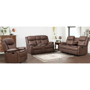 3 PC Brown Reclining Living Room Set. Includes Sofa, Loveseat and Recliner