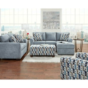 Anna Blue/Grey Sofa - Mini Sectional is covered in a beautiful blue/grey polyester fabric complete with 2 accent pillows in the Cube Blue/Grey fabric. Hardwood constructed frame. Made in America. 
