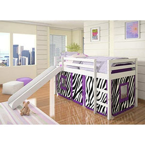 White Loft Bed With Slide And Purple Zebra Tent-Donco